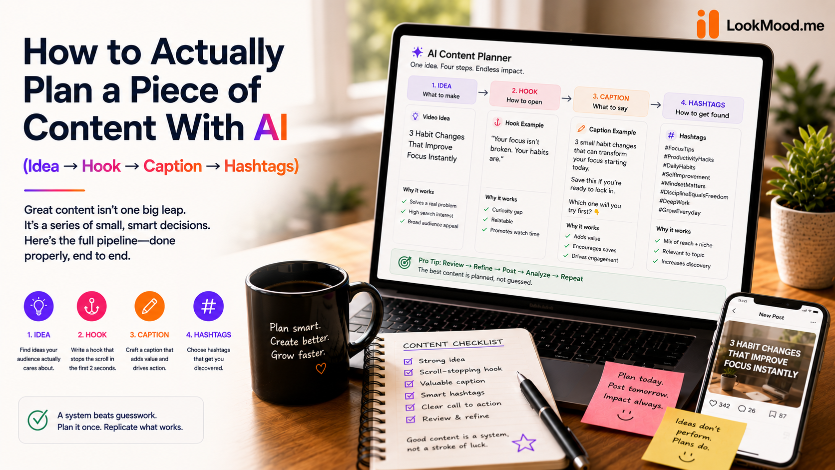 How to Actually Plan a Piece of Content With AI (Idea → Hook → Caption → Hashtags)